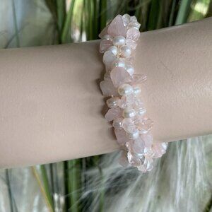 Genuine Freshwater Pearl Rose Quartz Stretch Bracelet​​​​